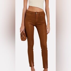 L'AGENCE Jyothi High-Waisted Coated Split Ankle Pants in Cognac Brown